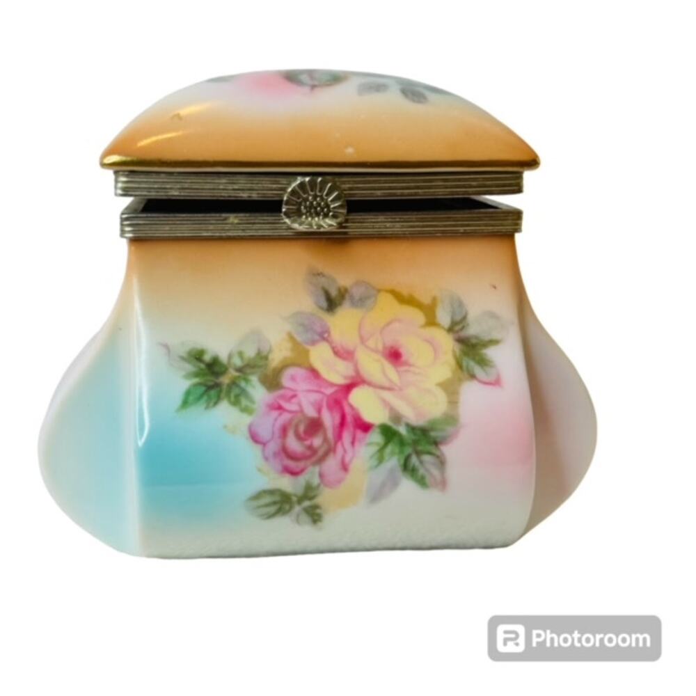 Vintage R S Reproduction Prussian Jewelry Trinket Box Pink Floral Porcelain